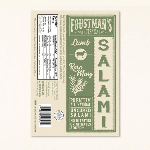 Foustman's Artisanal Salami - Rosemary Lamb, Nitrate-Free, Naturally Cured, Gluten-Free, Dairy-Free, No Pork, 8 Oz