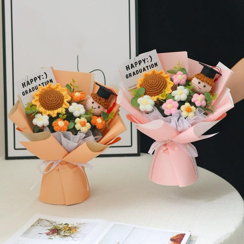Generic 2026 Graduation Crochet Flower Bouquet Knitted Grad Doll,Handmade Crochet Flower Bouquet with Sunflower