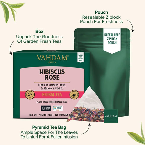 VAHDAM Hibiscus Rose Tea Bags - 100% Whole Hibiscus Flowers Herbal Tea Bags (100 Count) with Rose, Chamomile & Spices