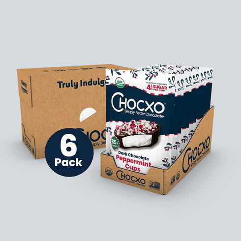 85% 3.45 oz (Pack 6) Chocxo Dark Chocolate Peppermint Cups - Lower Sugar Christmas Candy, Organic Cacao, NonGMO, Keto
