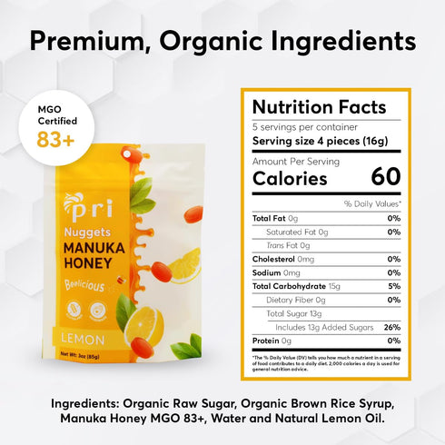 P.R.I Manuka Honey & Lemon Nuggets, Sweet and All Natural Hard Candy Treat, 3oz