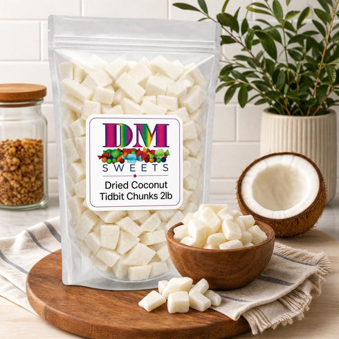 DM Sweets 2 lbs 15mm Dried Coconut Tidbit Chunks - of Fresh Crunchy Dried Coconut Pieces in Resealable Bag to Ensure