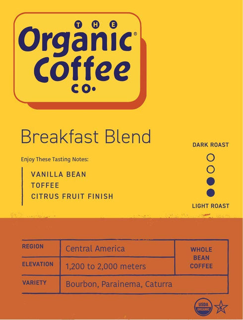 2LB (32 Organic Coffee Co. Breakfast Blend Whole Bean Coffee Ounce) Medium Light Roast USDA Organic