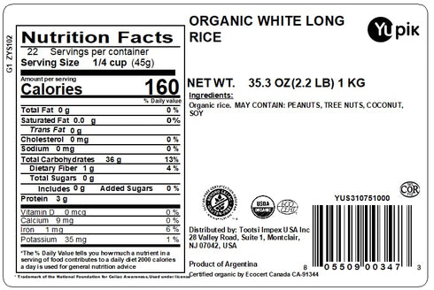 2.2 lb (35.2 oz), Yupik Organic White Rice, Long Grains, Non-GMO, Vegan, Gluten-Free, Kosher, Salt-Free, Easy