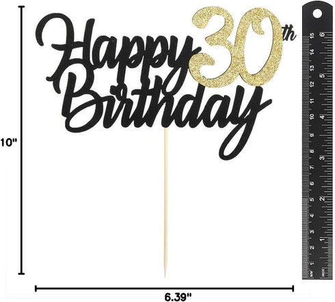 PALASASA Black Gold Glitter Happy Birthday Cake Topper - 30th Anniversary/Birthday Party Decoration