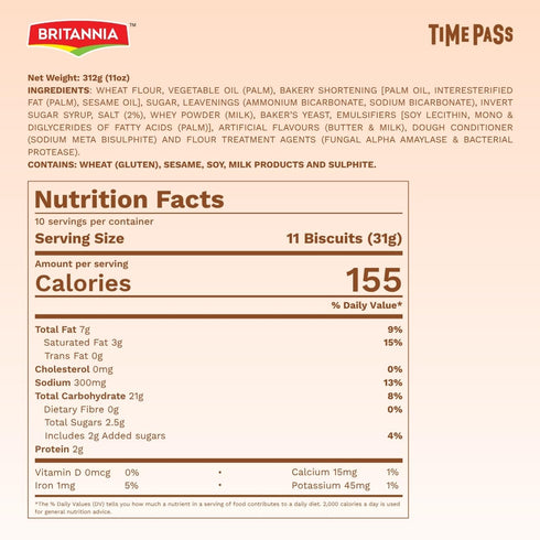 Pack- 312 GM(11 oz)- 8 39gm Britannia Time Pass Classic Salted Biscuits | Family * | Light & Crispy Snack Perfect