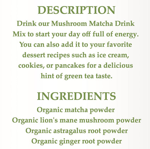 Cherie Sweet Heart Mushroom Matcha Drink Mix, 40 Servings, Japanese Matcha Green Tea Powder