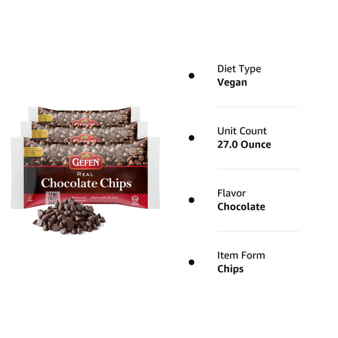 Gefen Vegan Semi Sweet Real Dark Chocolate Chips, Dairy Free 9oz (3 Pack), Great for Baking