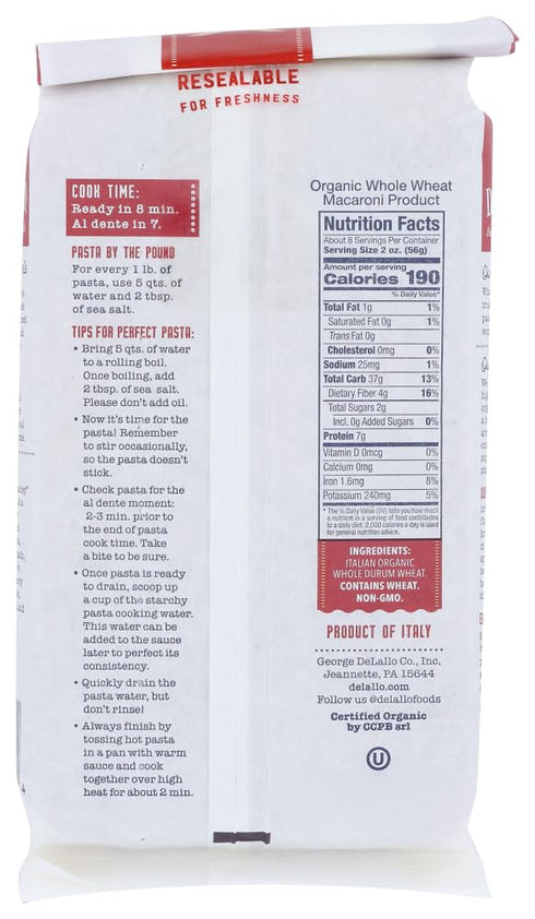 65, 100% 16 oz (454 2pcs DeLallo, Orzo No. Whole Wheat Pasta, g)