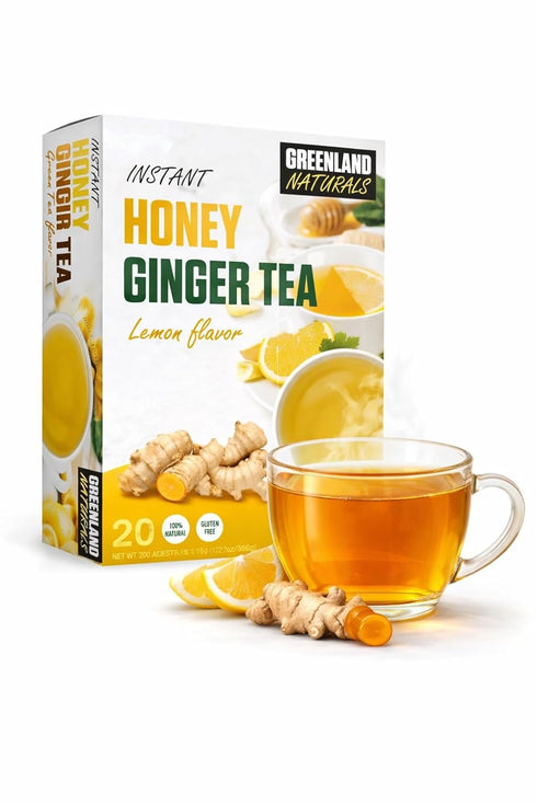 20 Instant Honey Ginger Tea - Lemon Flavor - Fast Dissolving Tea Crystals - Sachets Per Box
