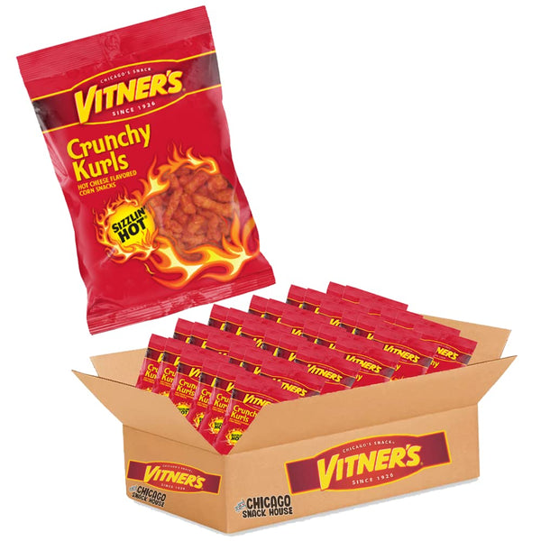 Vitners Sizzlin Hot Cheese Crunchy Curls. A Chicago Original 50 Pack 1oz Bags