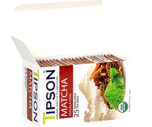 Tipson Organic Matcha Green Tea - Masala Chai Flavor, 25 Foil Enveloped Double Chambered Bags - Keto/Paleo