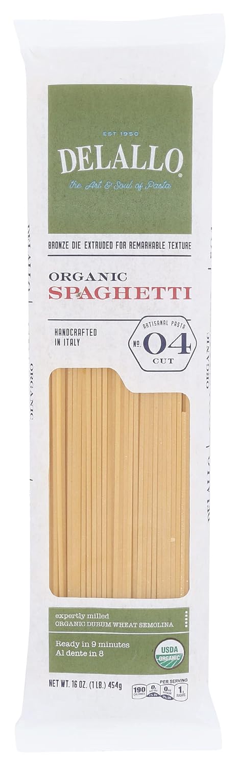 Delallo Organic Semolina Spaghetti Pasta, USDA Certified Organic, Non-GMO, 16 Oz (Pack