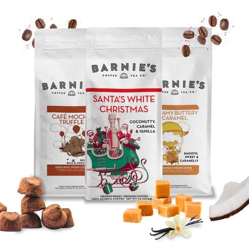 Barnie's Premium Flavor Coffee Trio with Santa's White Christmas, Creamy Buttery Caramel