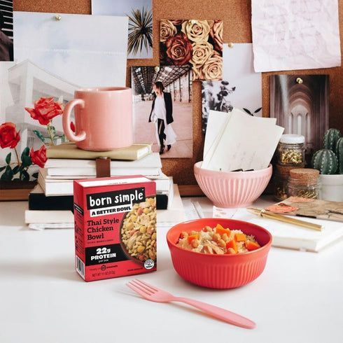 22g 11 oz (Pack 6) Born Simple Ready to Eat Meals with Sporks, Thai Style Chicken Bowl, Improved Recipe - Protein