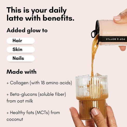 8 Oz (Pack 8) Pop & Bottle Vanilla Oat Milk Lattes - Cold Brew, Sustainably Sourced Marine Collagen, MCT Oil, Organic