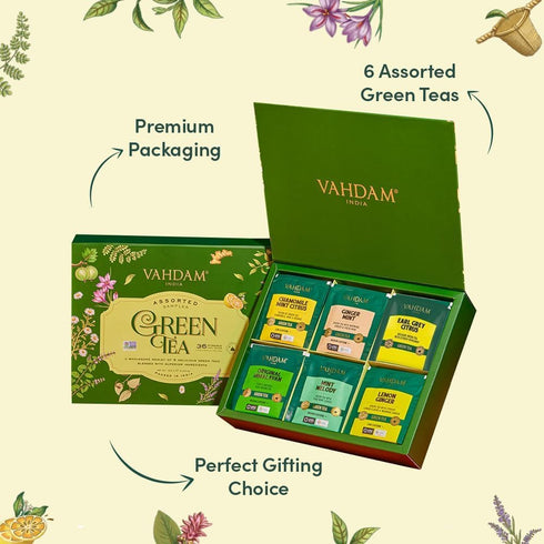 Pack (36 6 VAHDAM, Green Tea Variety Sampler Assortment Pyramid Tea Bags, Flavor) | Non-GMO Project Verified Himalayan