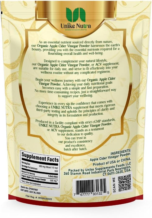 500mg 454g (1 lbs) Organic Apple Cider Vinegar Powder - Apple Cider Vinegar Supplement, ACV for Digestive Support