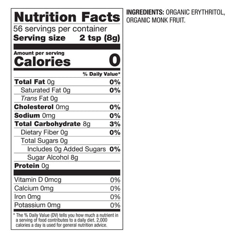 1lb, 16oz BetterBody Foods Organic Monk Fruit Sweetener Blend, Raw Cane Sugar Substitute, Zero Calorie, Keto Diet