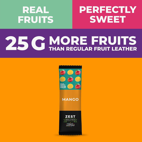 0.88 oz 10 Fruit Snacks by Zest Delites, Fruit Leather, Dried Mango Bars, Healthy Snacks for Adults & Kids, No Sugar