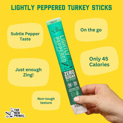 7g 20 New Primal Lightly Peppered Turkey Sticks, Keto, Gluten Free Healthy Snacks, Sugar Free Low Carb High Protein