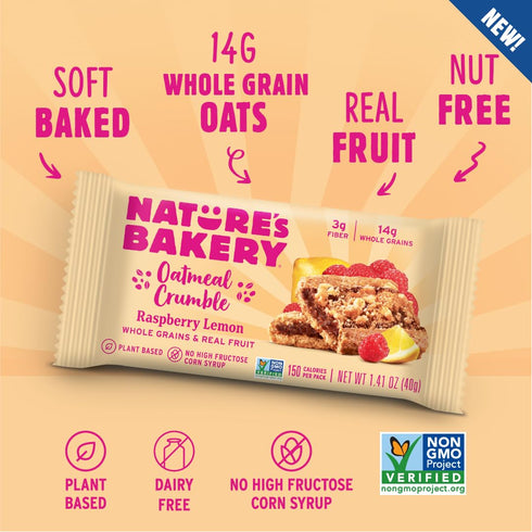 6 6 packs (36 packs) Nature's Bakery Oatmeal Crumble Bars, Raspberry Lemon, Real Fruit, Vegan, Non-GMO, Breakfast Bar