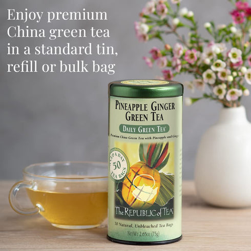 50 The Republic of Tea Pineapple Ginger Daily Green Tea, Tea Bag Tin