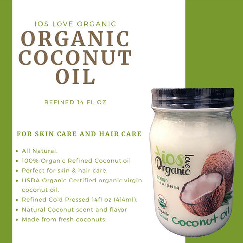 14 Oz) IOS love Organic Virgin Coconut Oil, Cold-Pressed - Natural Hair Oil, Skin Oil and Cooking Oil with Fresh