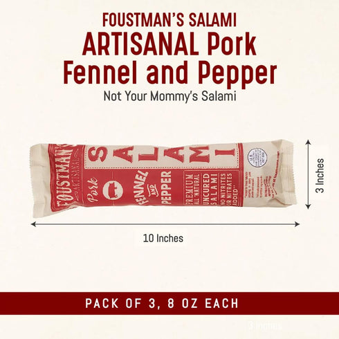 Pack 3, 8 Oz Foustman's Salami Pork Fennel and Pepper Artisanal, Nitrate-Free, Naturally Cured, Gluten-Free