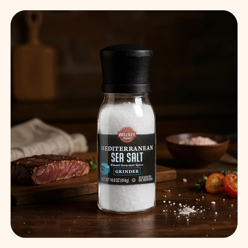 Wellsley Farms 14.6oz (1 Mediterranean Sea Salt Grinder - Non-GMO, Kosher Salt Coarse - Built-In Grinder for Fresh Sea