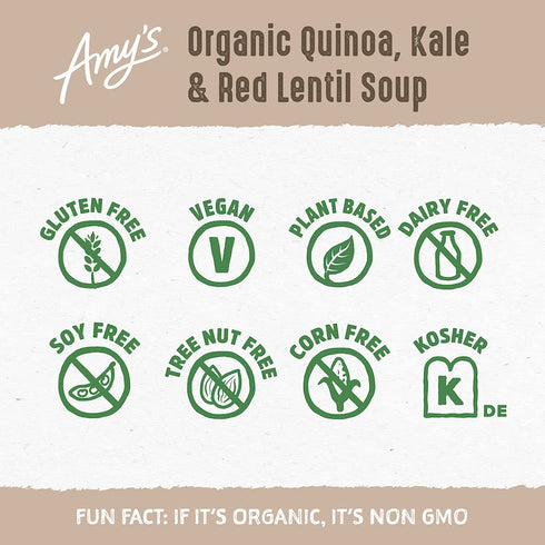 14.4 Oz Amy's Soup, Vegan Quinoa, Kale and Red Lentil Soup, Gluten Free, Made With Organic Vegetables and Lentils
