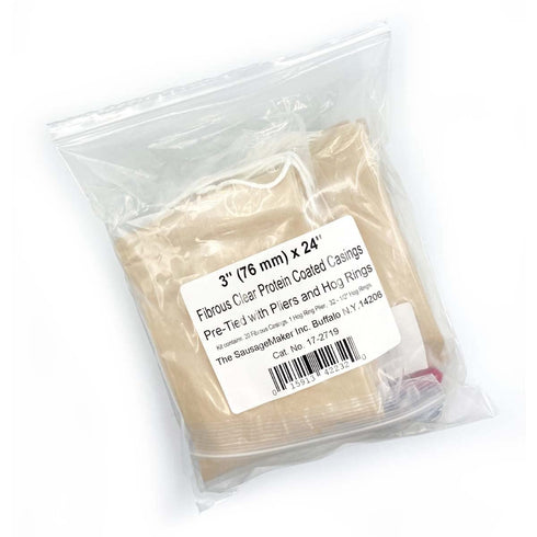 76mm (3) 24 (20ct) The Sausage Maker - Salami Sausage Casing Kit, Tied and Looped Dia. x Clear Fibrous Casings Protien
