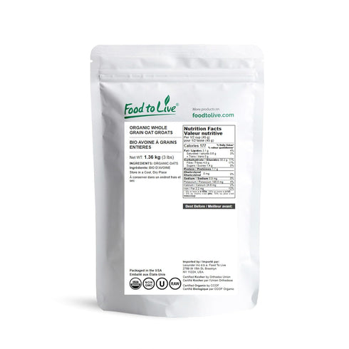 3 100% Food to Live Organic Oat Groats, Pounds - Whole Grain, Non-GMO Seeds, Kosher, Raw, Non-Irradiated, Vegan, Bulk