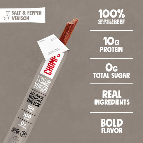 10-Pack Whole30 10g Chomps Grass-Fed & Finished Salt & Pepper Venison Jerky Meat Snack Sticks - Keto, Paleo, Low Carb