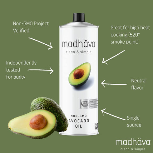 (33.8 oz, 1L 100% 520-Degree MADHAVA Avocado Oil Tin), Single Source, Pure, Neutral Flavor, High Heat Cooking Oil