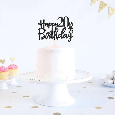 Black Glitter Happy 20th Birthday Cake Topper, Cheers to 20 Years Party Decorations