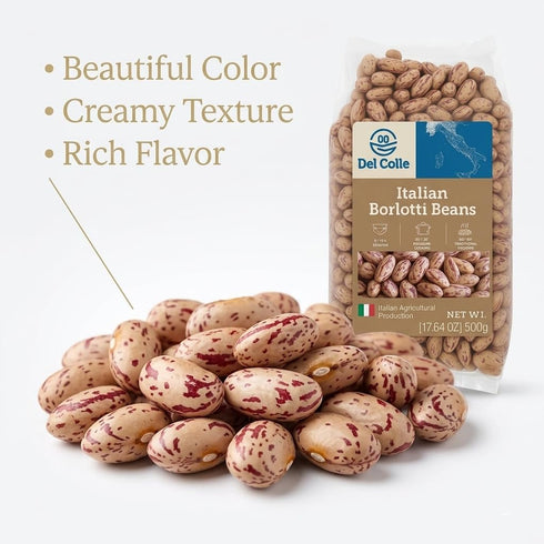 Del Colle (Pack 1) Italian Borlotti Beans Dried Cranberry/Roman Beans, Premium Italian Dry Beans for Cooking, Perfect
