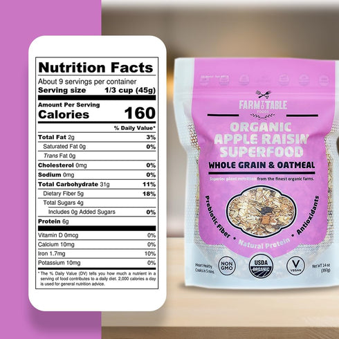 Pack 3-Pack Farm to Table Foods Organic Oatmeal Variety High-Protein, Plant-Based, Unsweetened, Non-GMO (Apple Raisin