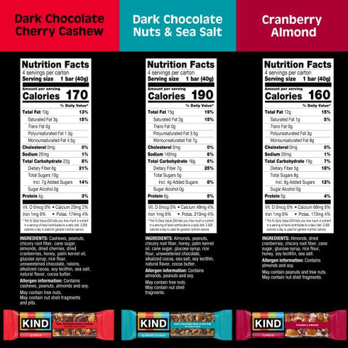 Pack, 4-6g 12 Count KIND Healthy Snacks Bars Variety Gluten Free, High Fiber Snacks, Cranberry Almond, Dark Chocolate