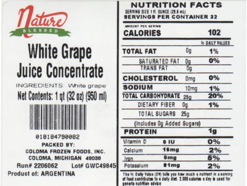 100% 1 (1/32 oz Nature Blessed Pure White Grape Concentrate - Quart fl bottle), Applications: Home Wine Making