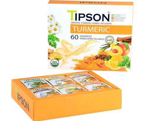 Tipson Organic Turmeric Variety Sampler - 6 Flavors (60 Tea Bags), Herbal Tea Infusions, USDA Organic