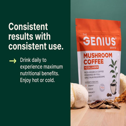 Immune 10.6 oz (30 The Genius Brand Organic Mushroom Coffee + Collagen - Daily Energy Support - Healthy Function