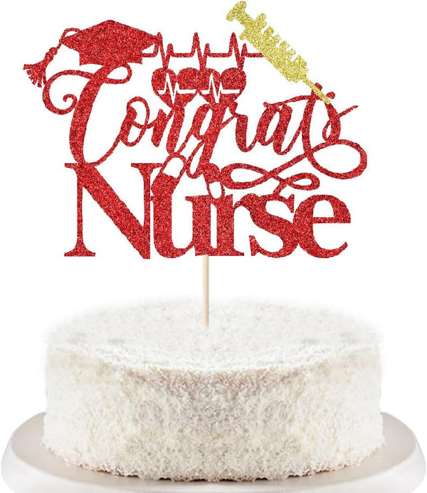 Trelsan Red Glitter Congrats Nurse Cake Topper, Nursing School Grad Graduation Party Decorations