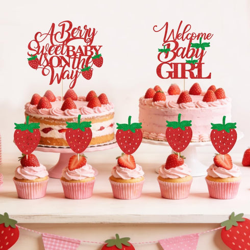 Red Glitter Berry Sweet Baby is on the Way Cake Topper - Strawberry Fruit Theme for Baby Shower & Gender Reveal