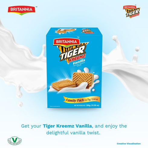 Pack (10.58 oz)300gm(75 4) Britannia Tiger Kreemz Vanilla Cream Biscuits | Family | *