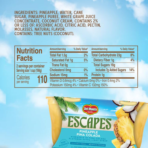 7 oz Pack 6 (12 Del Monte Escapes Pineapple Pina Colada, Cups, of Cups)