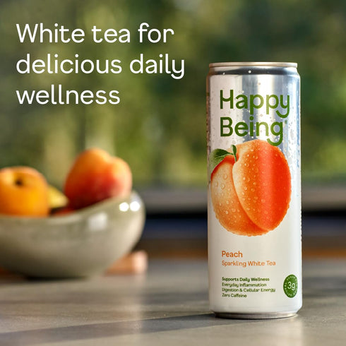 12oz (4 Pack) Happy Being Peach Sparkling White Tea Antioxidant & Polyphenol Rich, Infused with Turmeric, Elderberry