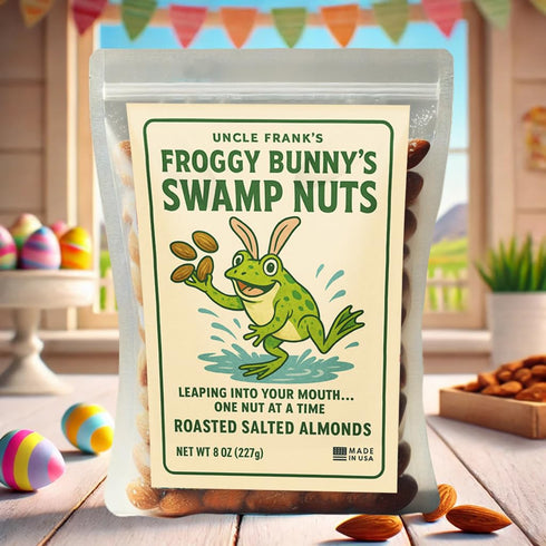 8oz Uncle Franks Froggy Bunnys Swamp Nuts, Roasted Almonds, Funny Easter Gag Gift for Adults, Frog Animal-Themed Snack