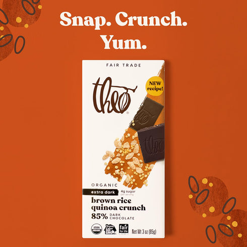 85% 6 Pack Theo Chocolate Brown Rice Quinoa Crunch Organic Dark Chocolate Bar, Cacao, | Vegan, Fair Trade
