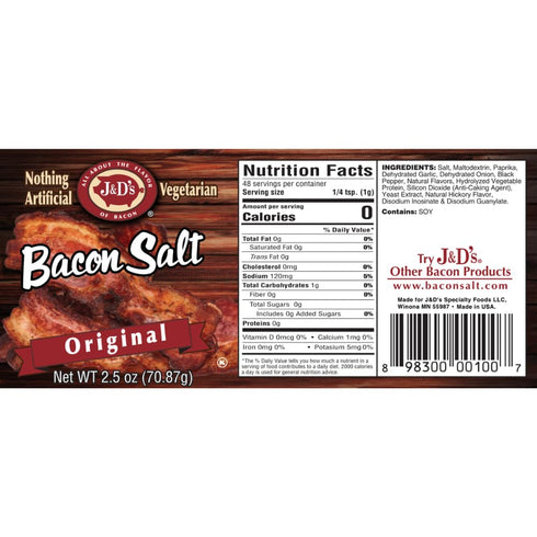 2.6 J&D's Bacon Salt, Original, Ounce, Bacon-Flavored Seasoning Salt, Vegan, Vegetarian, Kosher